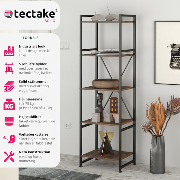 tectake Reol Manchester 47,5 x 34,5 x 151,5 cm -  Industrielt mørkt træ, rustikt Dark brown