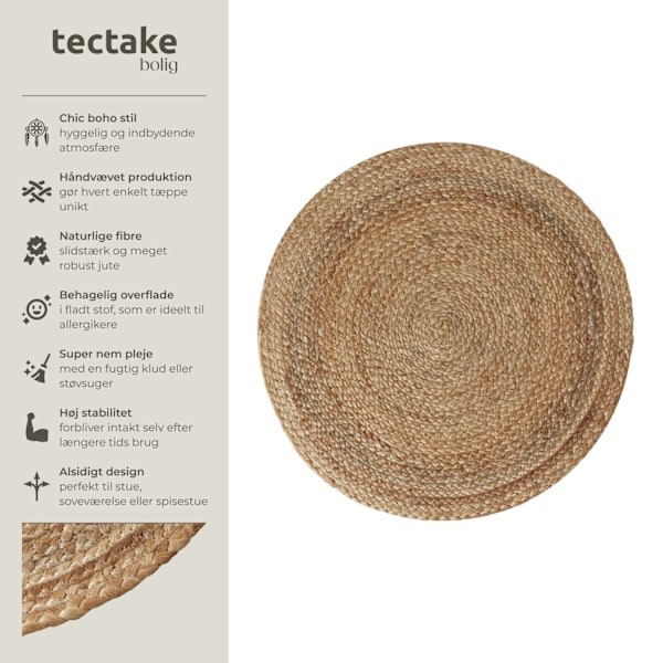 tectake Håndvævet tæppe Glim af jute, boho-stil,rund - Ø 60 cm Ø 60 cm Brown
