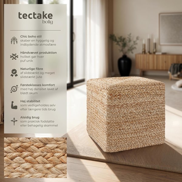 tectake Håndlavet puf Banno Cube i jute, firkantet, boho-stil Beige