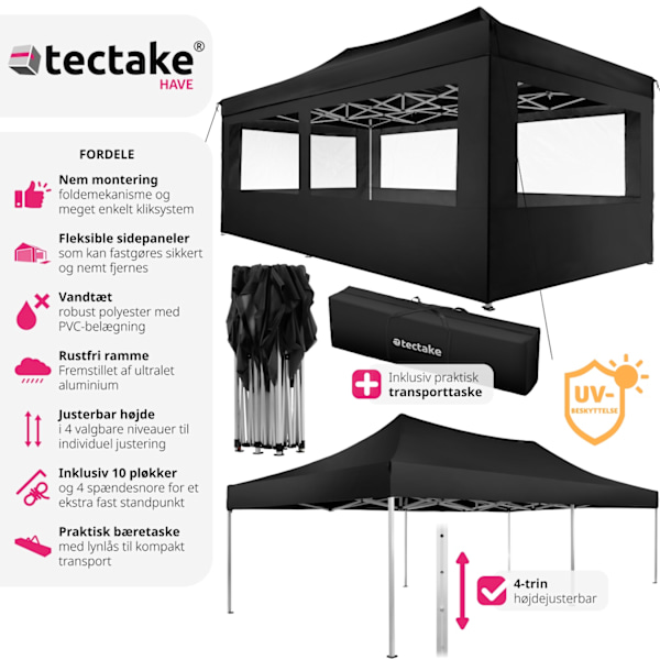 tectake Easy up pavillon Viola 3x6 m med 4 sidestykker -  sort Black