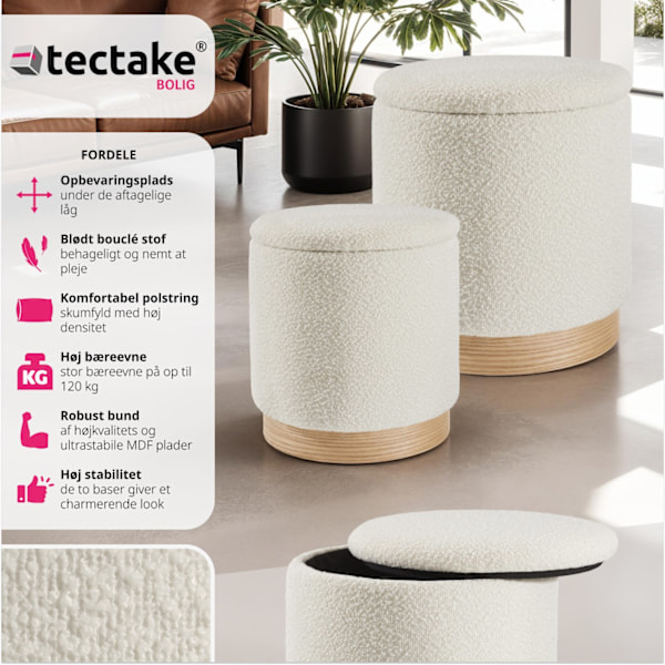 tectake 2 stk. skammel Orchide Bouclé med opbevaring Cream