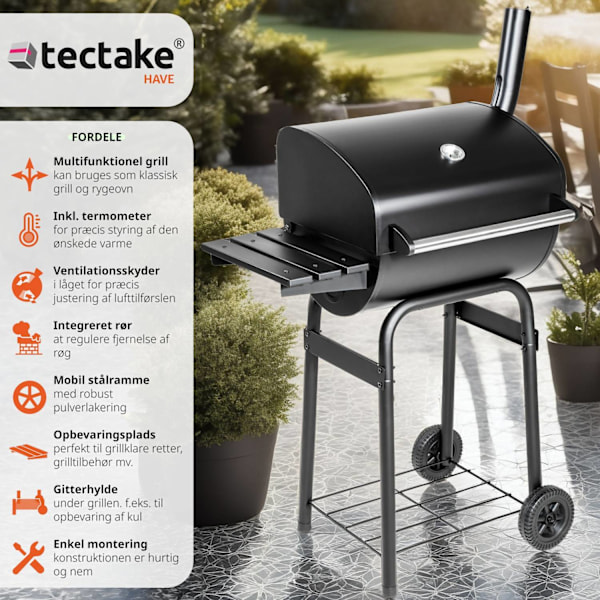 tectake Grill med termometer og hjul Black