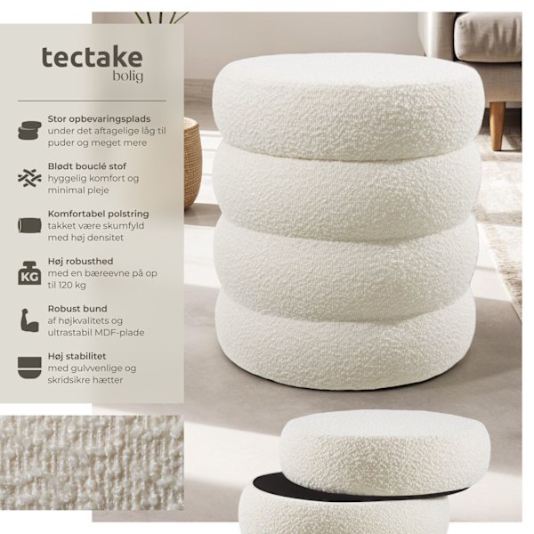 tectake Skammel Altu, polstret, opbevaring -  Bouclé creme-hvid Cream