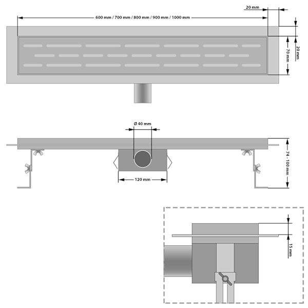 tectake Gulvafløb i rustfrit stål m. vandlås - 90 cm 90 cm Grey
