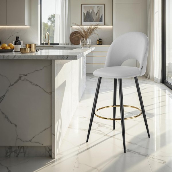 Barstol Sachel med rygstøtte, velour look - lysegrå/sort,Sæt med 6 stk. Light grey