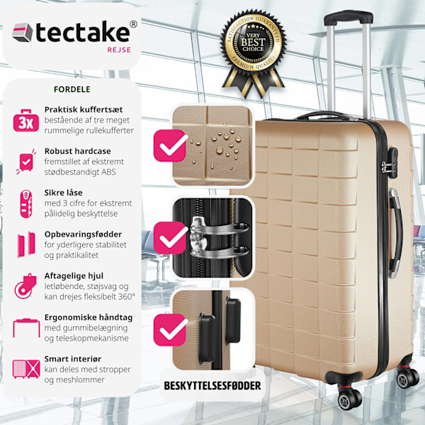 tectake Kuffertsæt 3-dele hardcase -  champagnefarvet Champagne one size