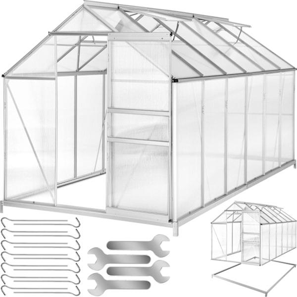 tectake Drivhus af aluminium med fundament, 185x375x195cm Transparent