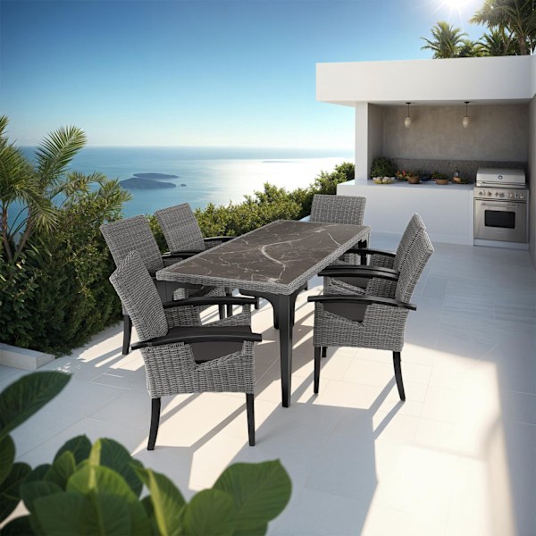 tectake Polyrattan havebord Foggia med 6 stole Rosarno -  grå Grey