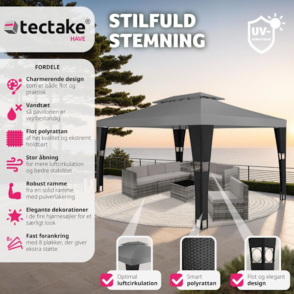 tectake Havepavillon i polyrattan Mona 3x4m -  sort/antracit  Anthracite