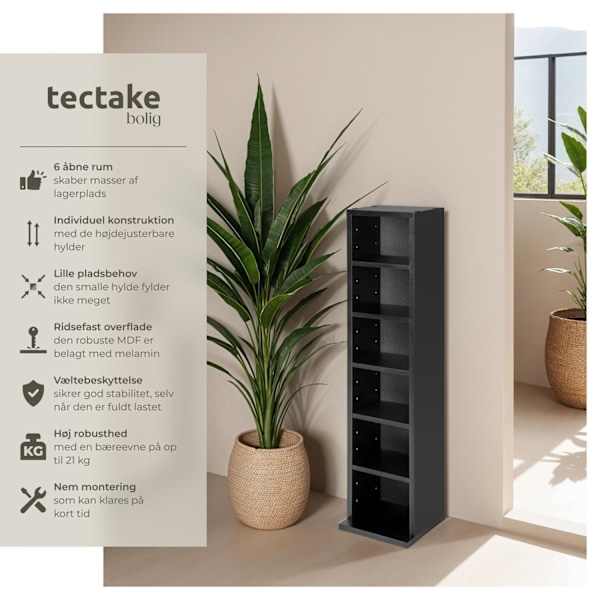 tectake Reol med 6 hylder til 102 CD'er 90x21x20cm -  sort Black