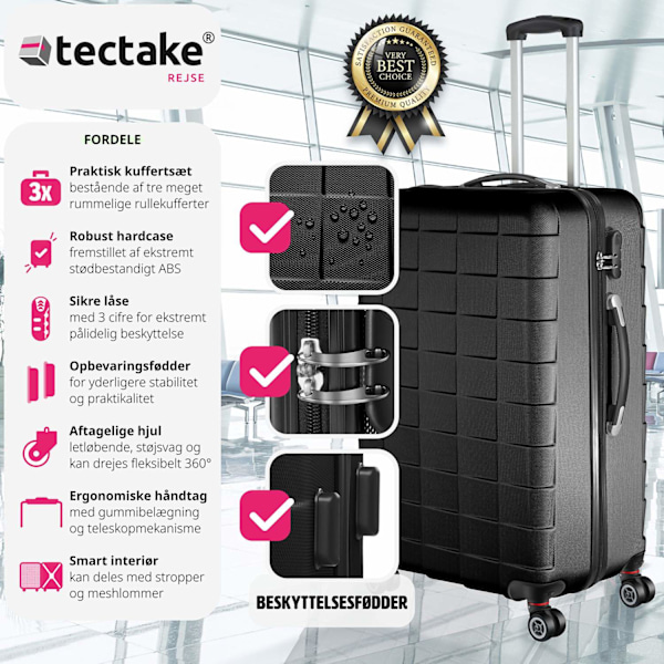 tectake Kuffertsæt 3-dele hardcase -  sort Black one size