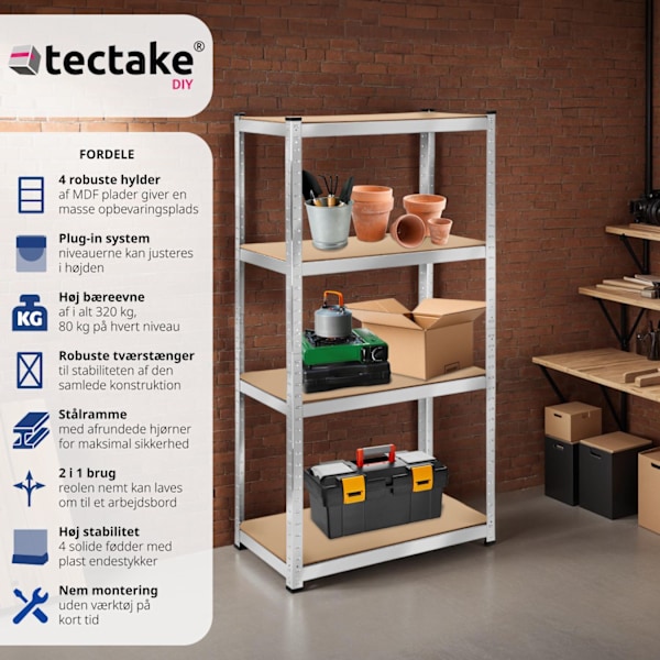 tectake Stålreol - 160 x 80 x 40 cm, 320 kg 160 x 80 x 40 cm, 320 kg Silver