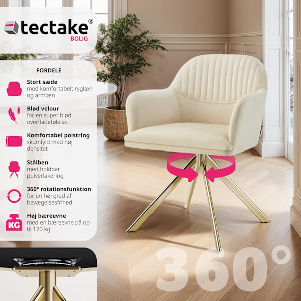 tectake Stol Lona, velour med polstring -  creme/guld creme/guld