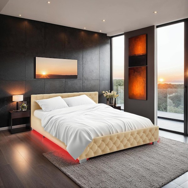 Sengeramme med LED-strips og opbevaring - beige,180 x 200 cm Beige