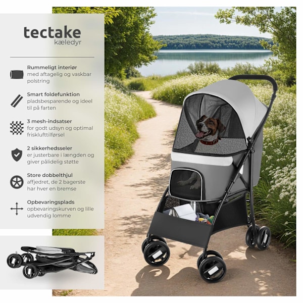 tectake Hundeklapvogn Eddy, sammenklappelig, affjedret, 2 sikkerhedsseler Light grey
