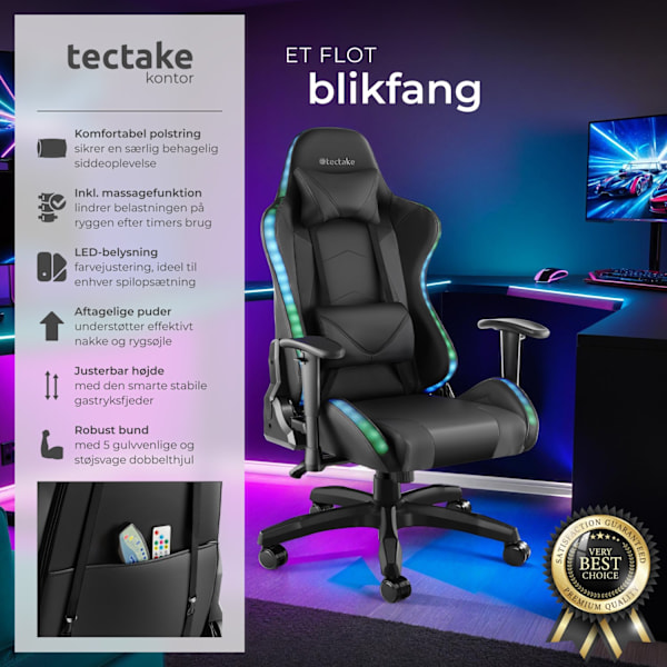 tectake Gamingstol Tartaros, LED, massagefunktion -  sort/sort Black