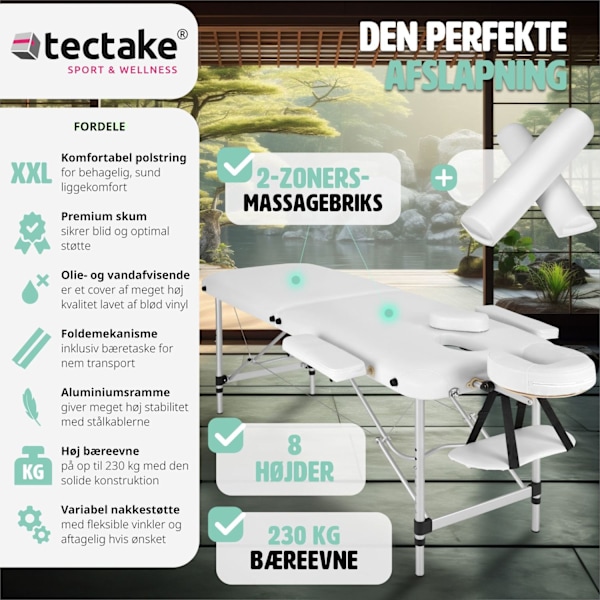 tectake Massagebriks med 2 zoner, polstring, massageruller og aluminiumsstel -  hvid White