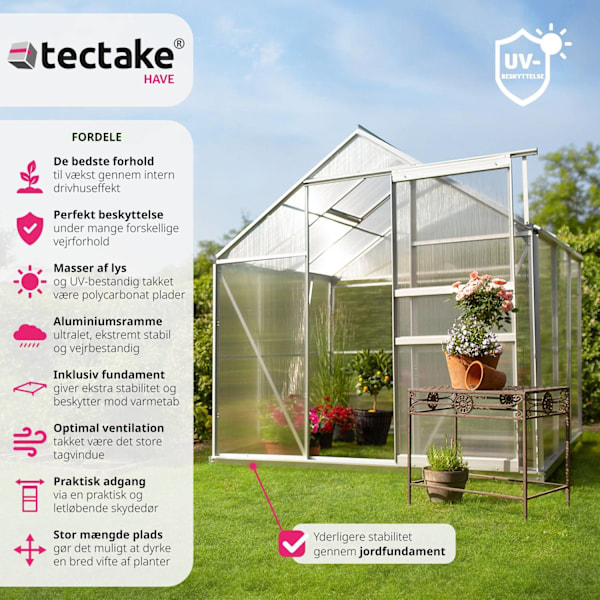tectake Drivhus af aluminium med fundament, UV-bestandig Transparent