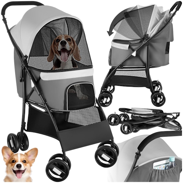 tectake Hundeklapvogn Eddy, sammenklappelig, affjedret, 2 sikkerhedsseler Light grey