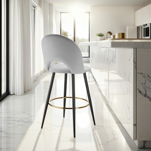 Barstol Sachel med rygstøtte, velour look - lysegrå/sort,Sæt med 4 stk. Light grey