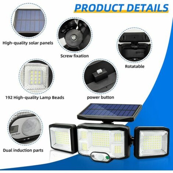 Sollys Utendørs Vegglys LED-lys 3 hoder 192 LED-er Bevegelsesdetektor Sikkerhet Flomlysbelysning IP65 Vanntett S
