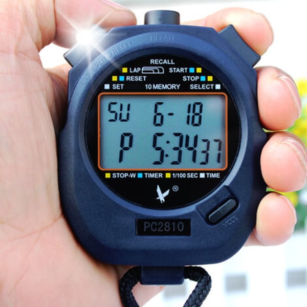 Profesjonell digital sportsstoppeklokke, 2 linjer 10 minne, nedtelling, alarm, batteri + ledning, PC2810