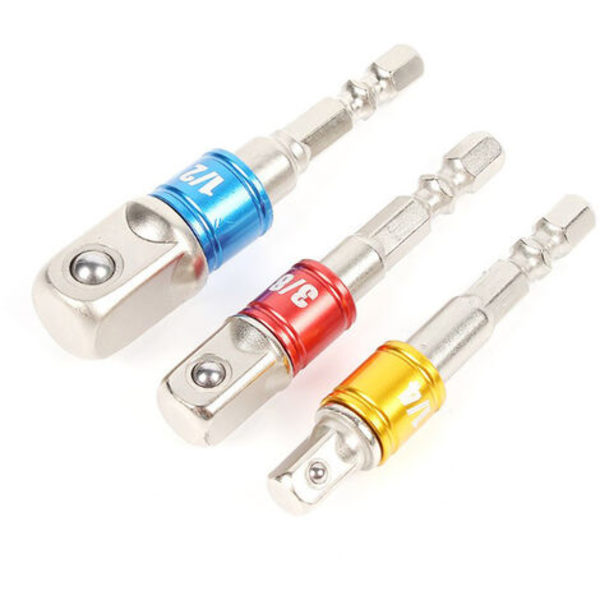 Pidikeadapterit pora-/iskukoneistossa. Set , jossa 3 sovitinkaran neliömäistä sivua 1/4", 1/2", 3/8" Chome Vanadium, hopea, Fonepro