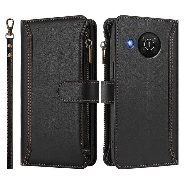 Magnetiskt Läderplånboksfodral med 9 Kortfack, Blixtlåsficka och Handrem för Säker Förvaring For Nokia X20 / X10