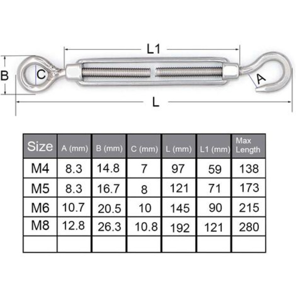 M4 304 krok- och öglespänne i rostfritt stål - 5-pack