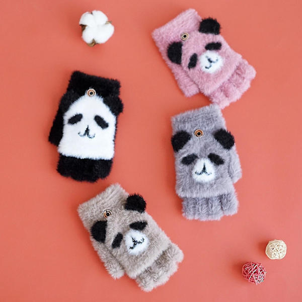 Tecknad Panda Handskar Barn Vinter Varm Stickade Vantar Söta Mönster Vantar Plus Velvet Flip Fingerless Multifunktionshandskar C