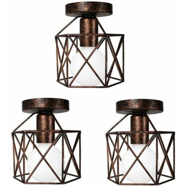 Sett med 3 Retro industriell metall firkantet taklampe i jern, kubebur pendellampe E27 for stue soverom C