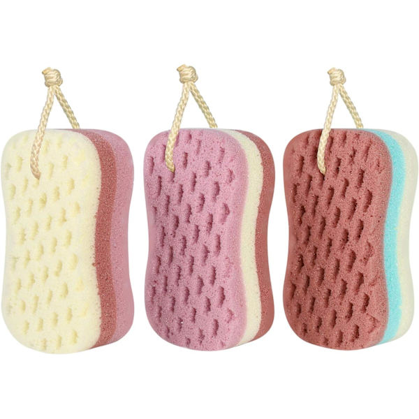 Packa badsvamp för kvinnor, män och barn, Loofah badsvamp, 3 färger och stora tillbehör för badsvamp (stort)