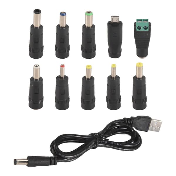 USB til DC strømkabel Universal USB til DC Jack opladerkabel strømkabel med 10 udskiftelige stikadaptere Svart