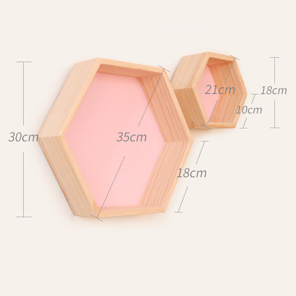 Massivt træ væghylde display hylde hexagonal honeycomb hylde (stor, lille, pink),