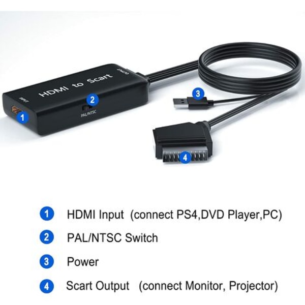 HDMI Scart-adapter med HDMI og Scart-kabler, HDMI til Scart-omformer kompatibel med NTSC/PAL for PS4-spiller Sky HD Blu-Ray HDTV STB