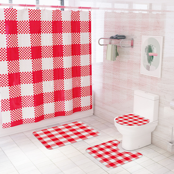 Klassinen ruudullinen printed suihkuverho WC-lattiamatto Suihkuverho neljäosainen set, A03,