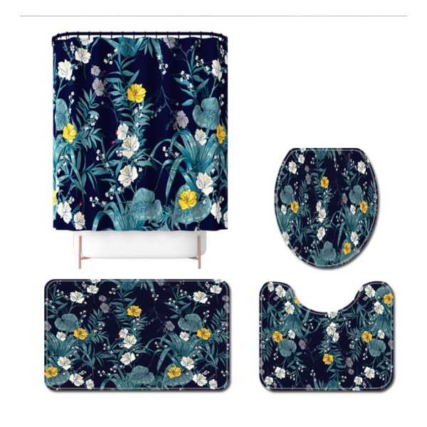 Badeforhæng Håndmalet Blomsterprint Fire-Styks Toiletmåttesæt Vandtæt bruseforhæng, Y02,
