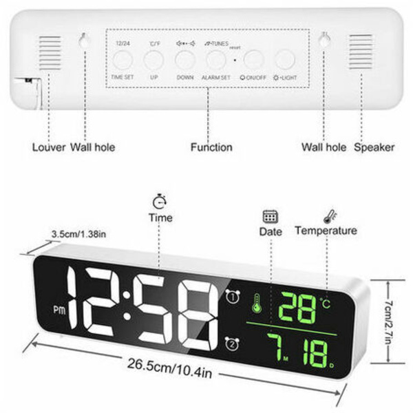 Digital väckarklocka, LED-väckarklocka Digital spegelväggklocka Stor siffrig bordsklocka med datumtemperaturvisning, USA