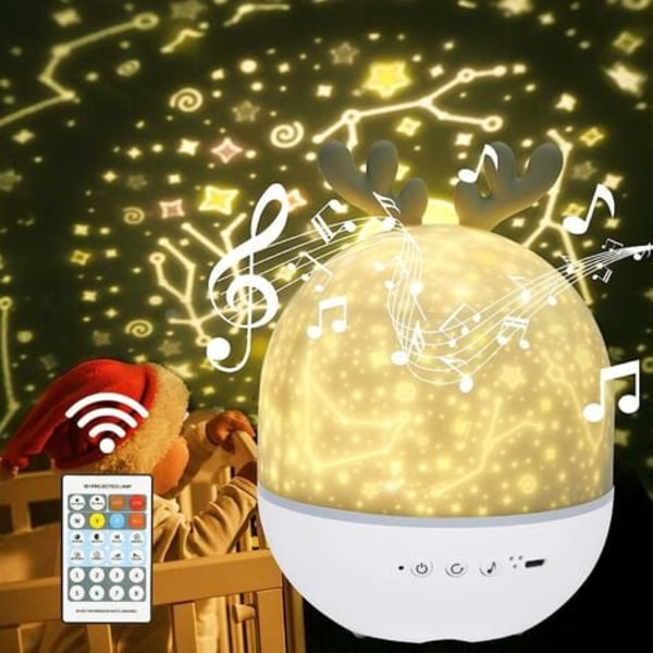 Barnas nattlys Projektor Stjernelampe, 360° rotasjon musikk nattlys + timer + fjernkontroll + 4 farger, LED baby