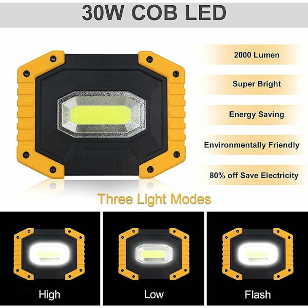 Genopladelig LED 30W 2000 LM Byggeplads Arbejdslys 3 Modes Bærbar lanterne USB LED Flood Light til camping, bygning