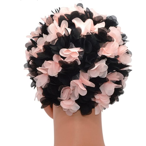 Badehette med blomstertrykk, retrostil, for kvinner, rosa/svart,
