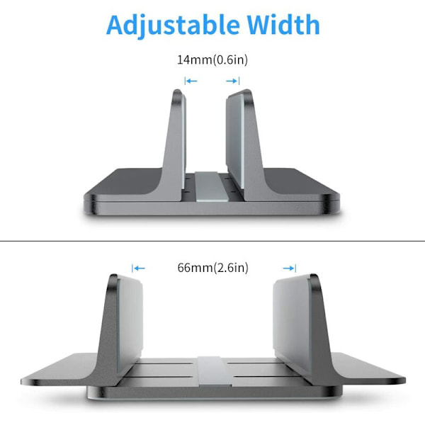 Grå lodret bærbar holder, justerbar aluminiumsholder til bærbar computer, [Enkelt åbning + justerbar bredde + universal mobiltelefonhylde]