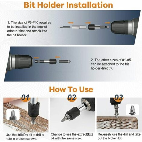 Broken Screw Extractor Kit, 22 STS HSS 4341 Uppgraderade extraktionsverktyg i legerat stål med borr 2 magnetiska förlängningar B