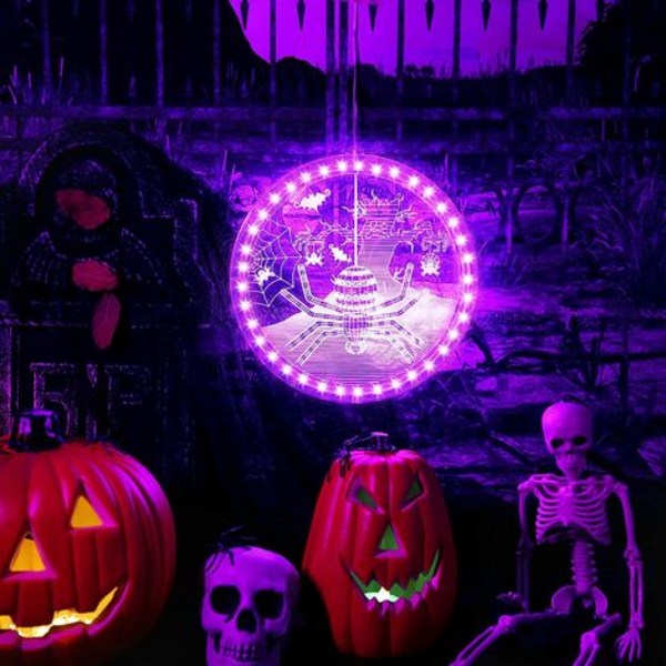 Halloween hängande fönsterlampor, 3D-spindel rund batteridriven lila lampa med sugkopp för dörrvägg Vitrine B
