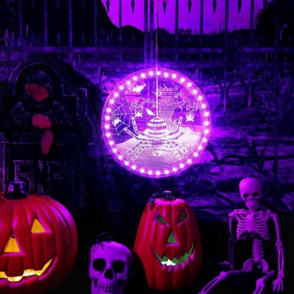 Halloween-riippuvat ikkunavalot, 3D Spider Pyöreä akkukäyttöinen violetti valo imukupilla oviseinävitriinille B