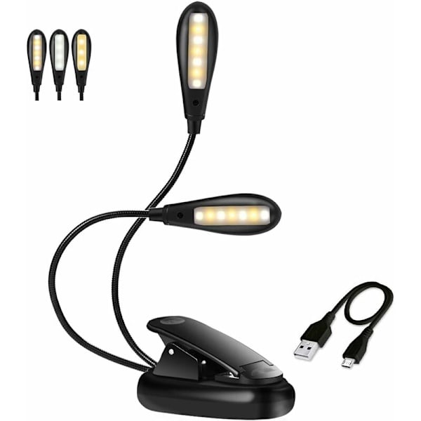 Genopladeligt læselys, læselampe 14 LED'er 3 farver 9 tilstande Justerbar lysstyrke, 360° Clip-on lampe Trådløs Flex