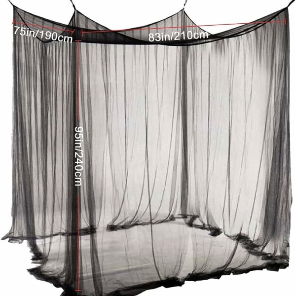 Myggenetseng, dobbelt baldakin Myggenet 210 x 190 x 240 cm - 4 døre, stort polyester enkelt myggenet til rejser og hjem - sort