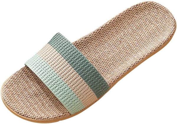 [HT]Tofflor för kvinnor, öppen tå, sommar, linne, regnbåge, bred passform, sandaler, slip-on innetofflor i bambu 5.5