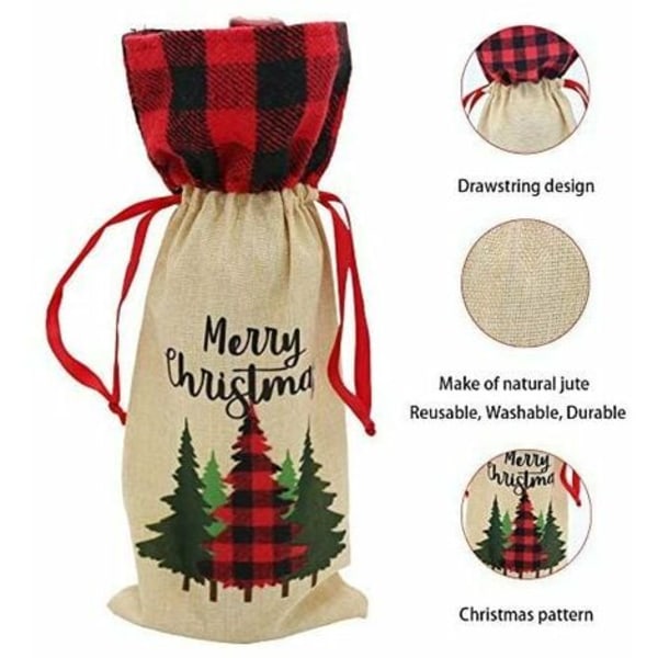 Pack julvinflaskskydd, dragsnöre vinflaskpåsar, burlap vinflaska presentpåse för jul, nyår, ons