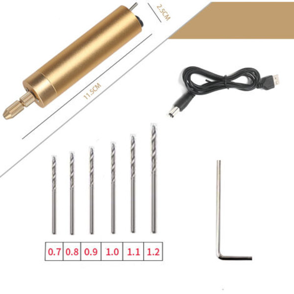 Mini elektriska borrar, 5V bärbar USB set med 0,7/0,8/0,9/1,0/1,1, 1,2 mm borrkronor+1 Hex Driver Craft Rotary